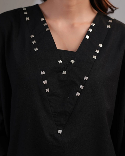 Vandana Black Cotton Flex Kaftan Set with Embroidery