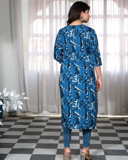 Blue Jatin Rayon Printed Straight Kurti Perfect for Daily Wear