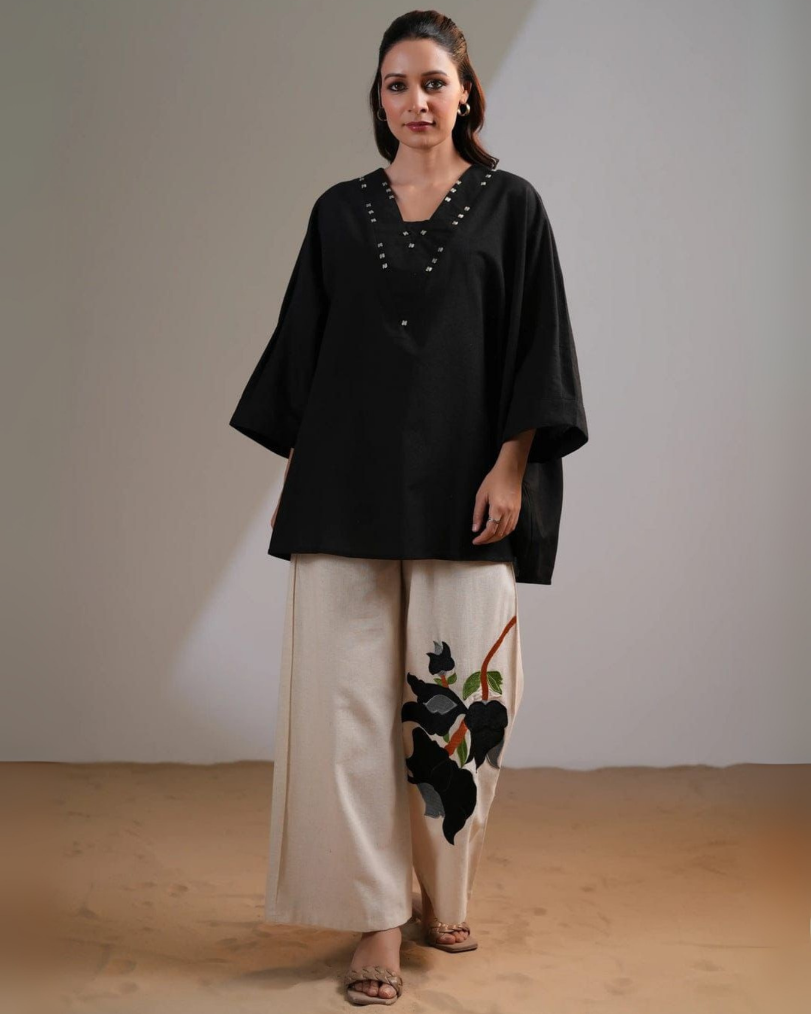 Vandana Black Cotton Flex Kaftan Set with Embroidery