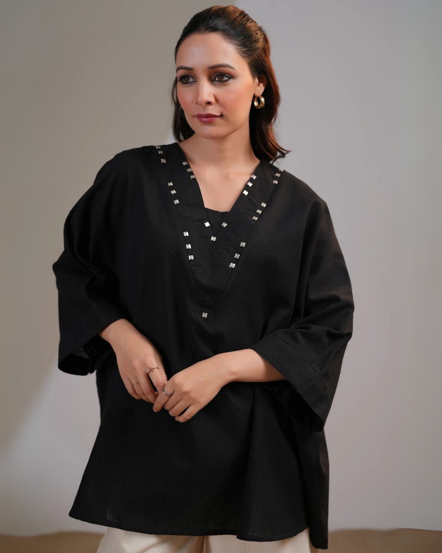 Vandana Black Cotton Flex Kaftan Set with Embroidery