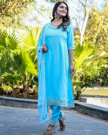 Sky Makdi Rayon Anarkali Kurti Set with Lace Work Pant & Dupatta