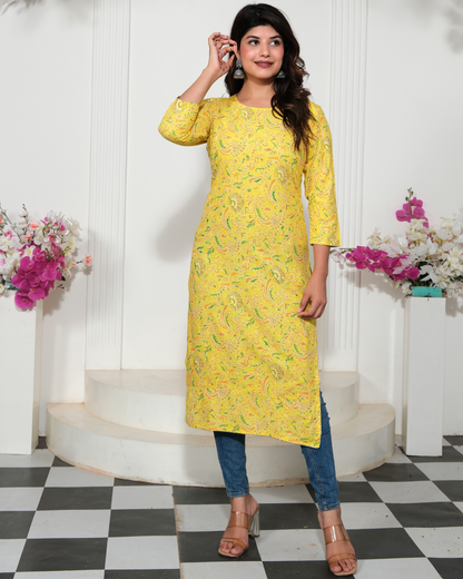 Yellow Rayon Printed Straight Kurti Stylish and Trendy Wear