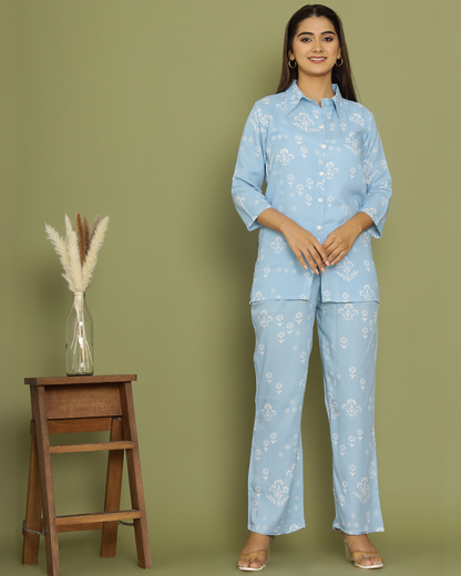 Sky Blue Night Dress Rayon Printed Comfortable Nightwear