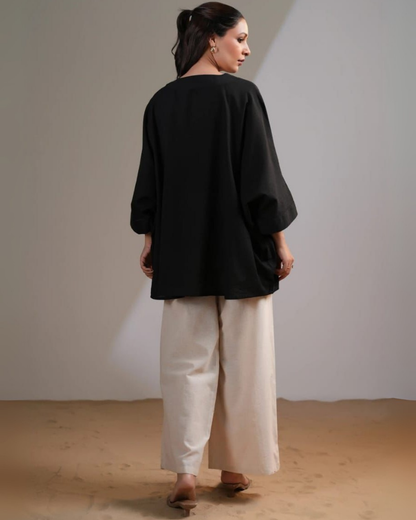 Vandana Black Cotton Flex Kaftan Set with Embroidery
