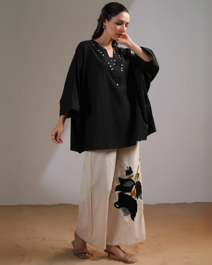 Vandana Black Cotton Flex Kaftan Set with Embroidery