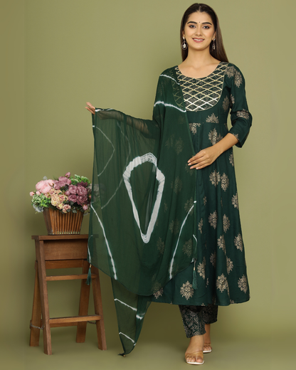 Green Butta Jaal Rayon Printed Anarkali Kurti Set with Dupatta