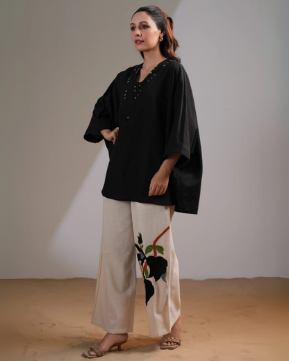 Vandana Black Cotton Flex Kaftan Set with Embroidery