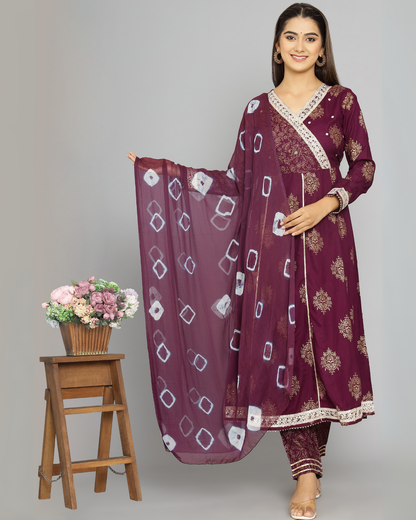 Purple Butta Jaal Kurti Set with Dupatta - Rayon & Chiffon