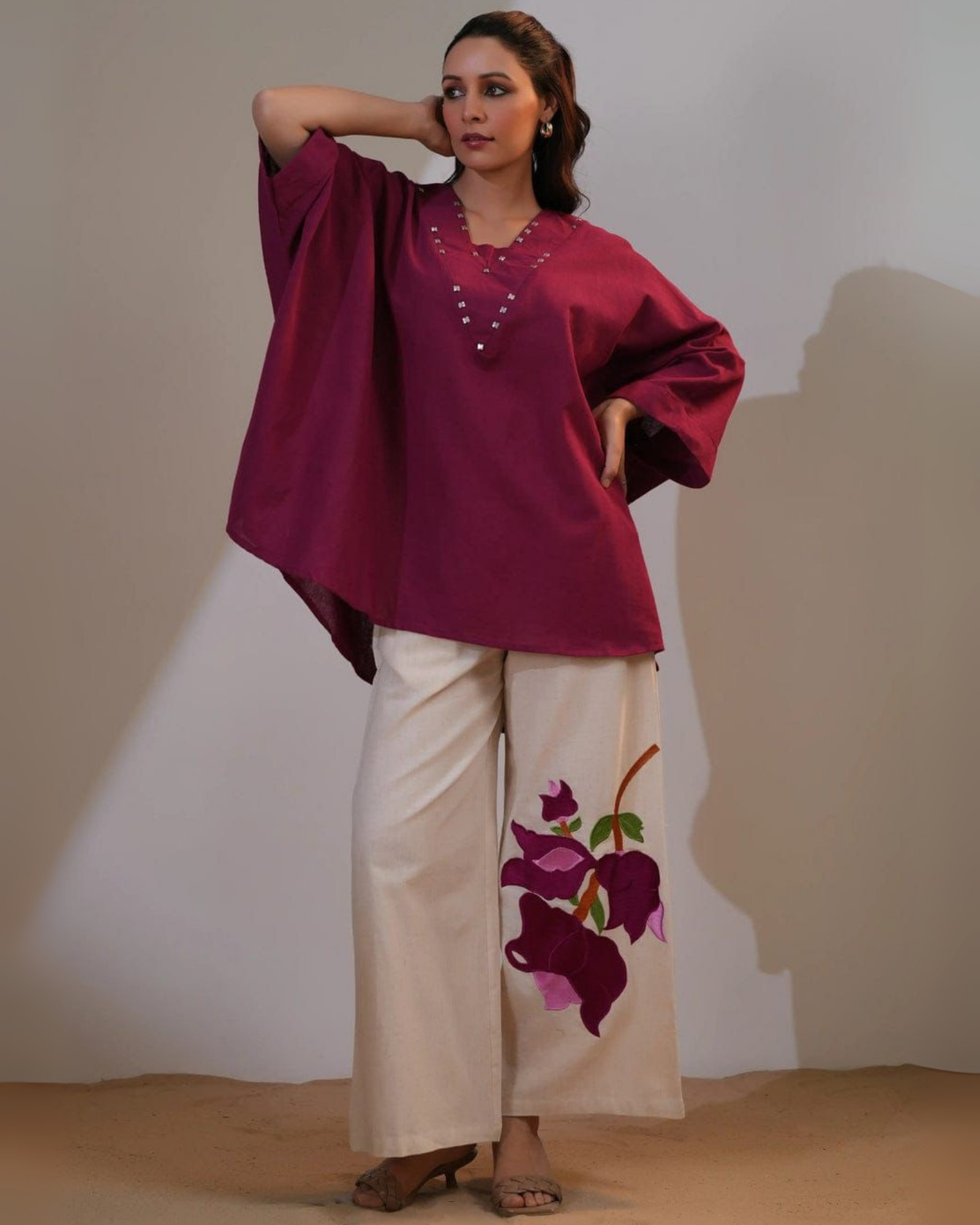 Vandana Maroon Cotton Flex Kaftan Set with Embroidery