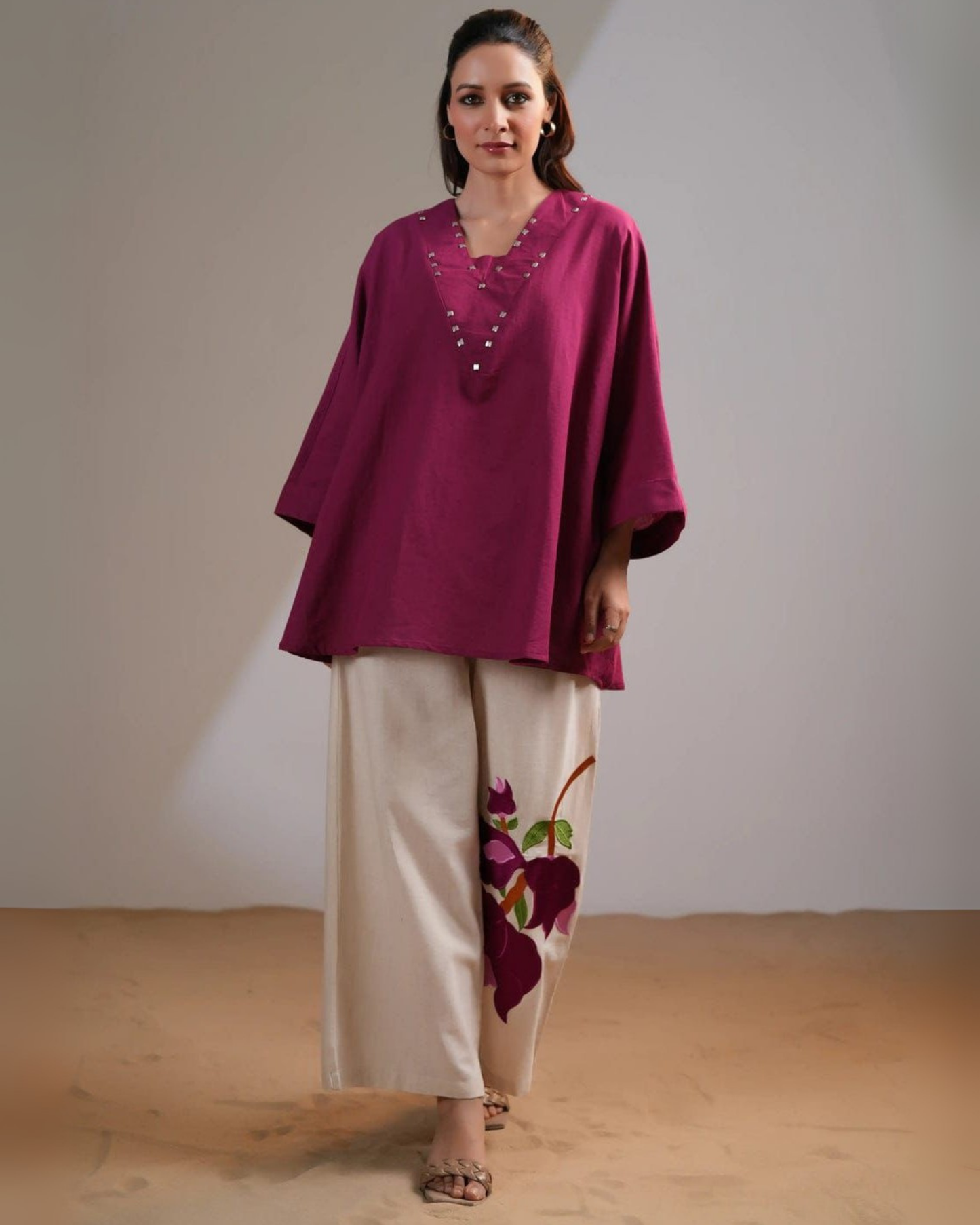 Vandana Black Cotton Flex Kaftan Set with Embroidery