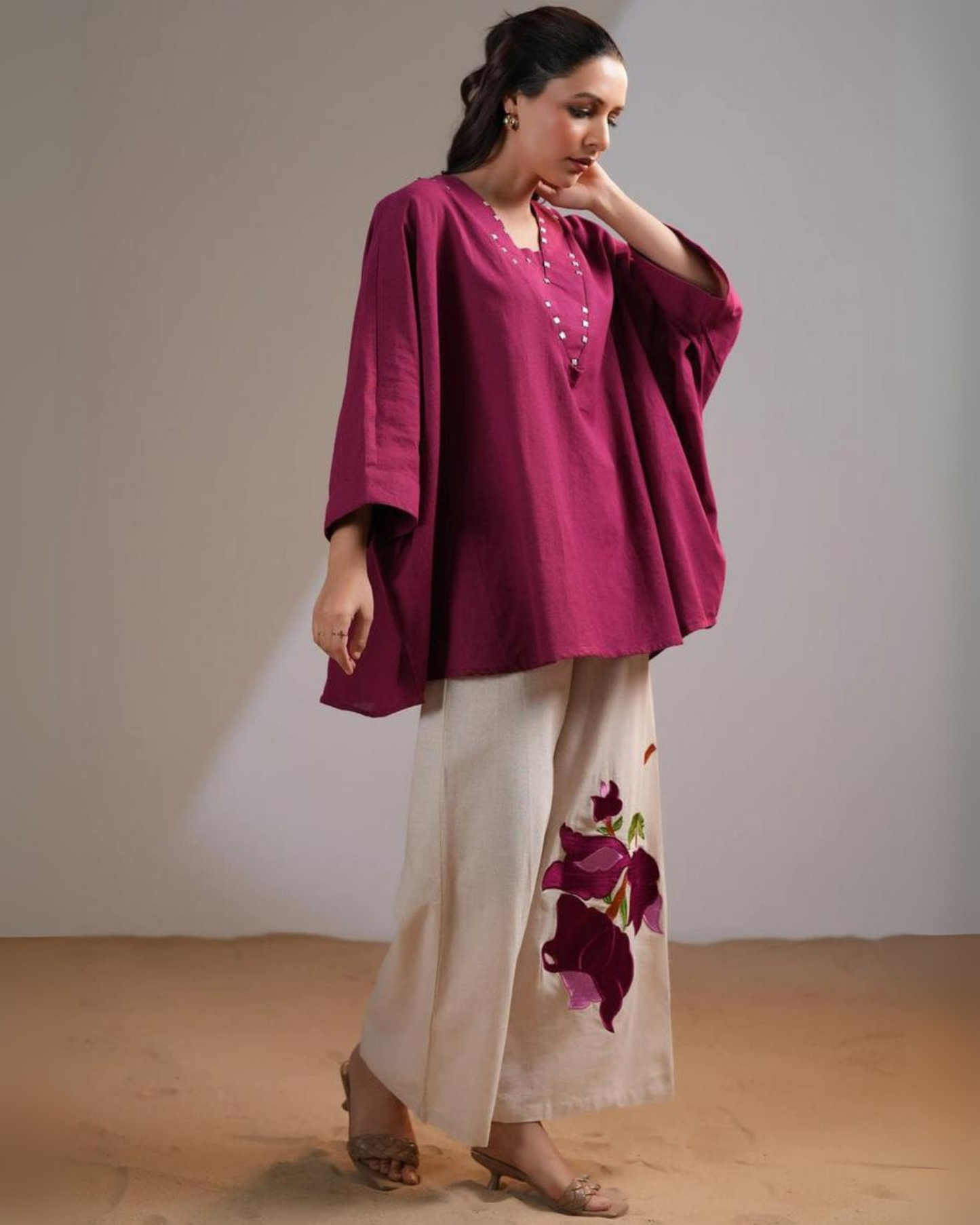 Vandana Black Cotton Flex Kaftan Set with Embroidery