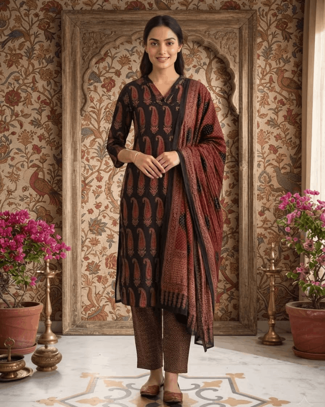 Black Maroon Kerry Handwork Cotton Suit Set