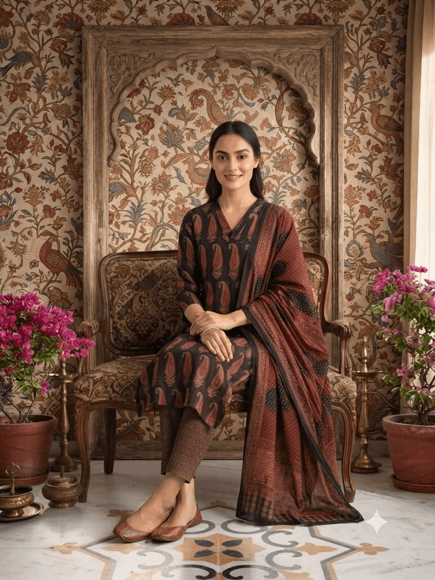 Black Maroon Kerry Handwork Cotton Suit Set