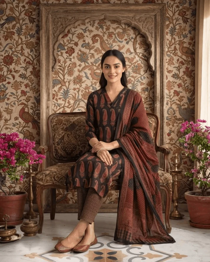Black Maroon Kerry Handwork Cotton Suit Set
