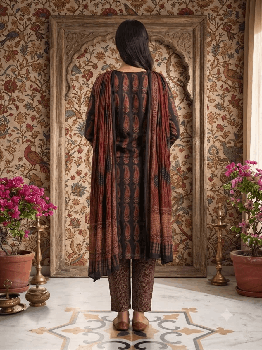 Black Maroon Kerry Handwork Cotton Suit Set