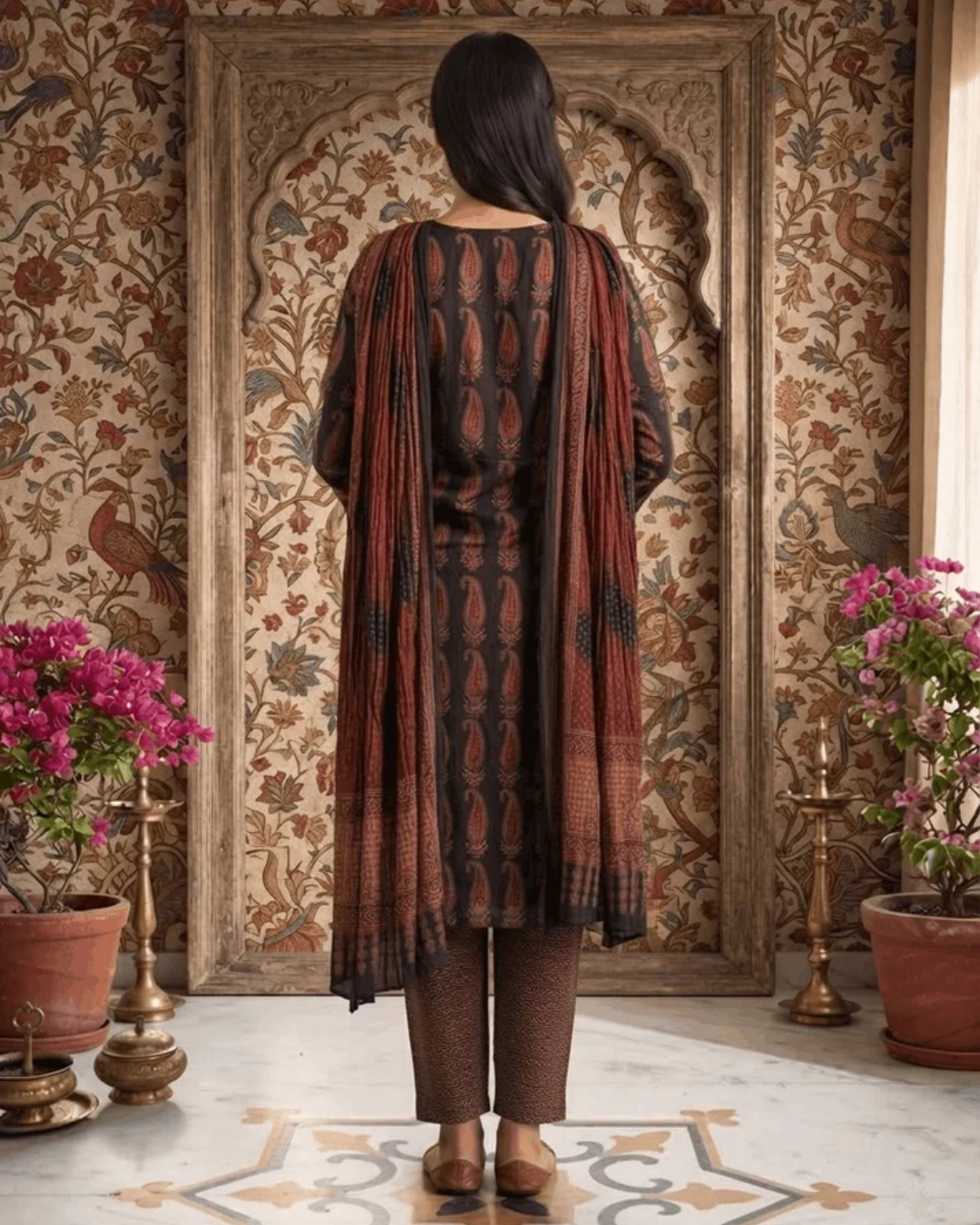 Black Maroon Kerry Handwork Cotton Suit Set