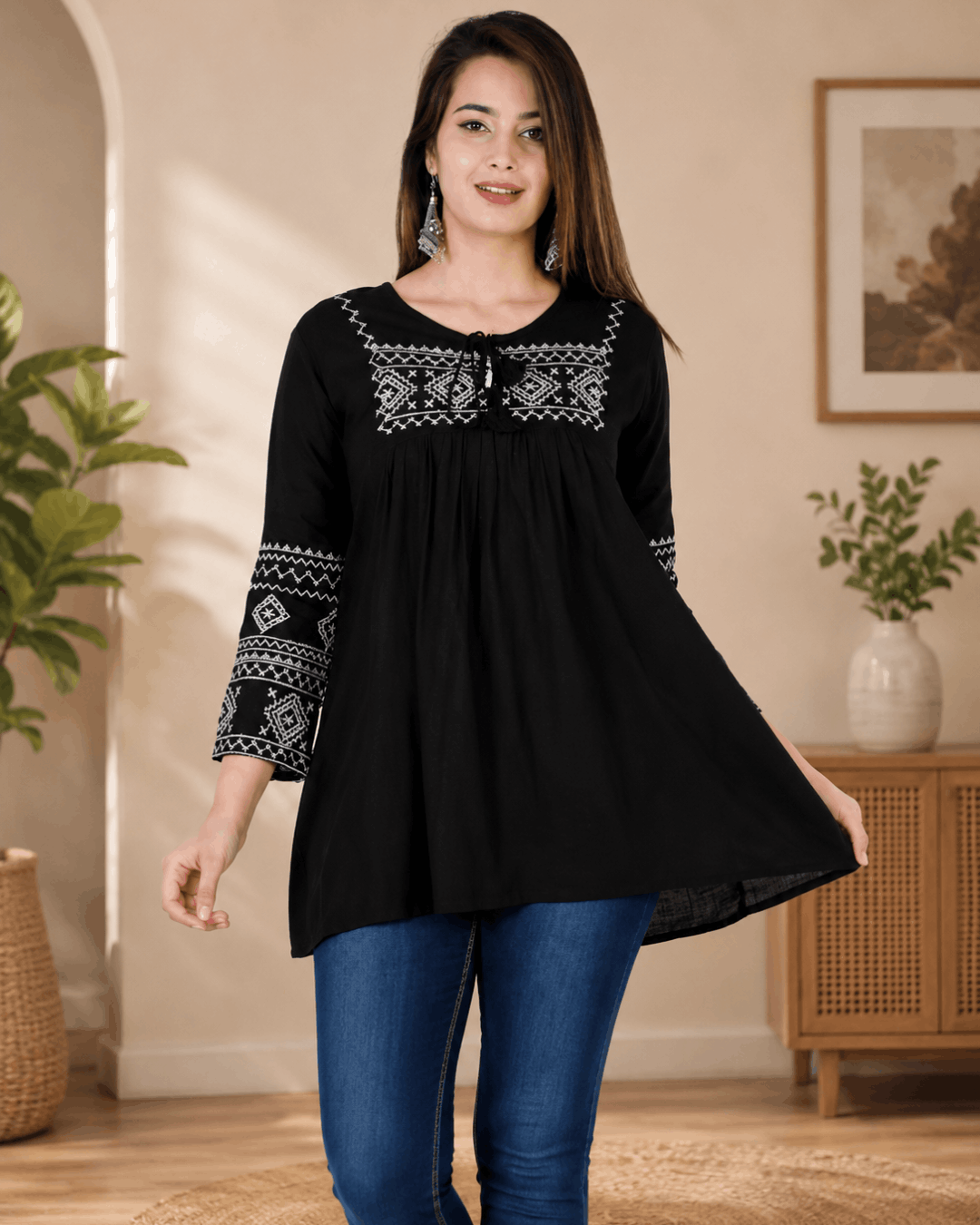 Black Embroidered Rayon Kurti Top Elegant and Trendy Design