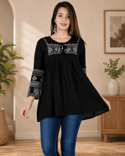 Black Embroidered Rayon Kurti Top Elegant and Trendy Design