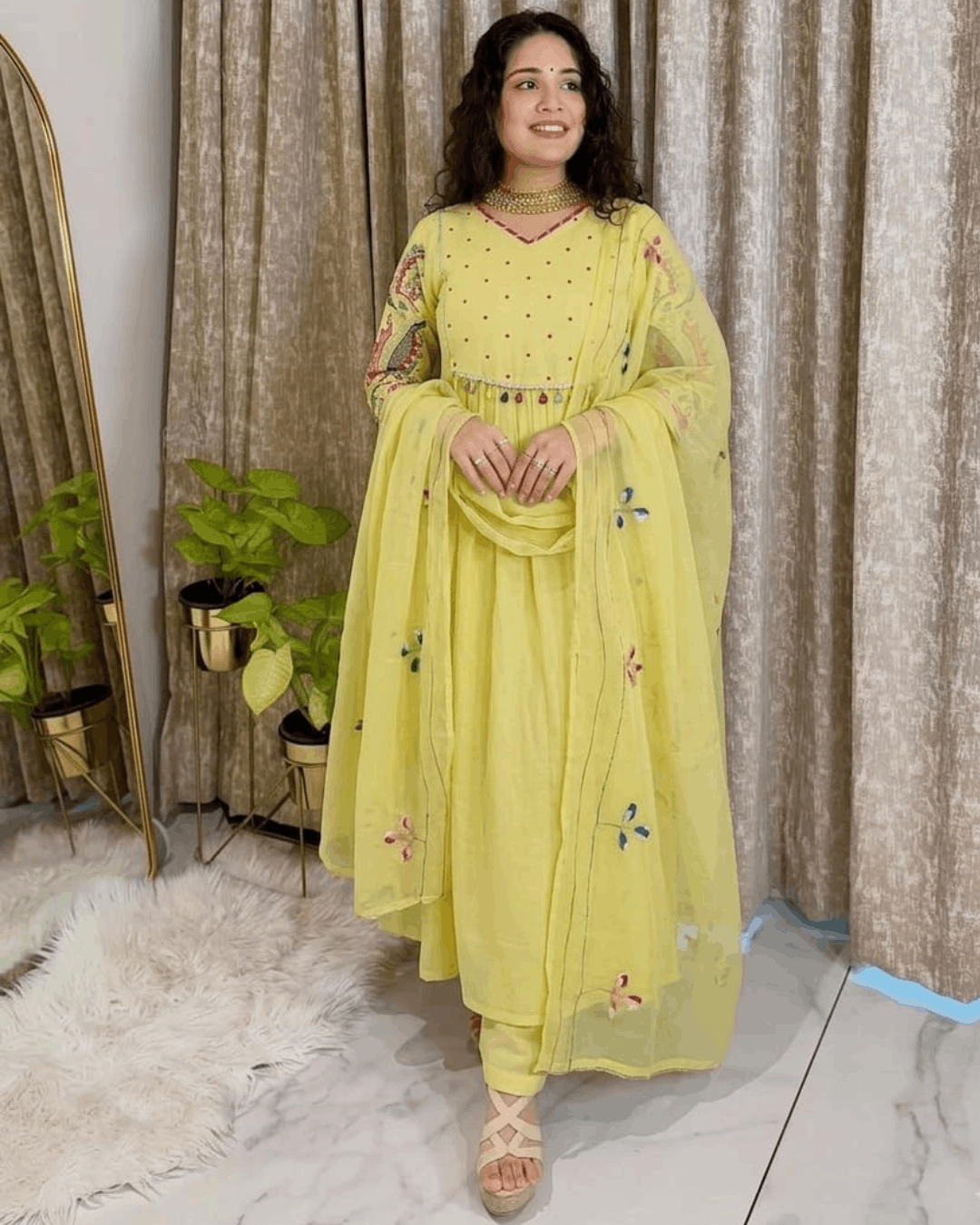 Lemon Yellow Embroidered Cotton Anarkali Suit Set