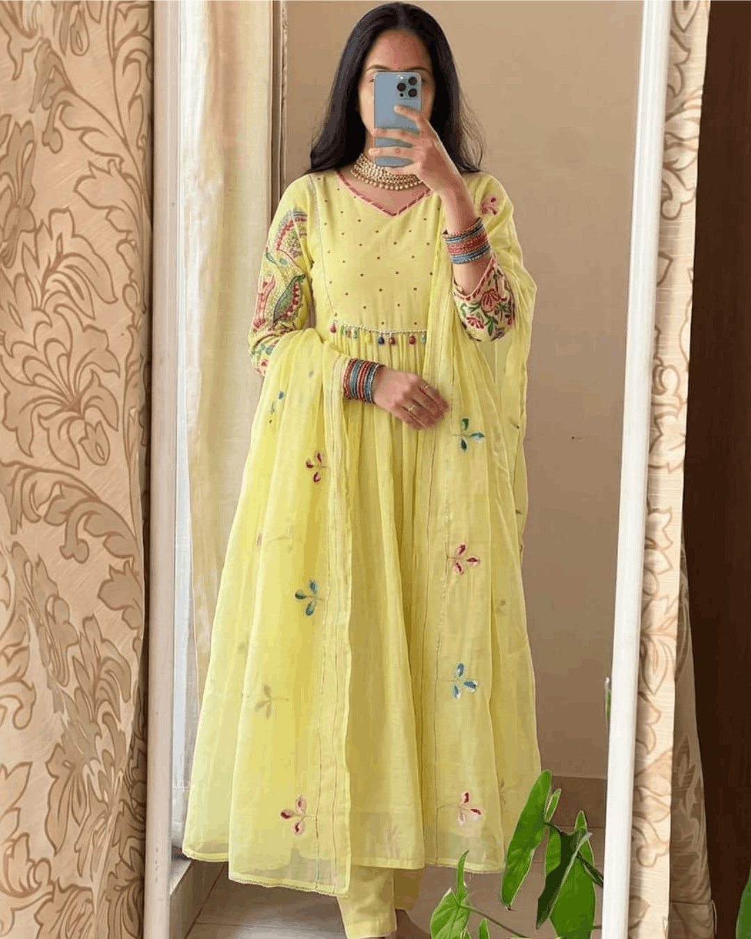 Lemon Yellow Embroidered Cotton Anarkali Suit Set