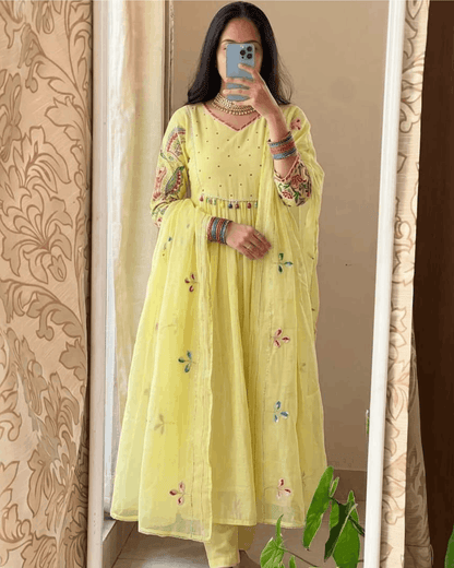 Lemon Yellow Embroidered Cotton Anarkali Suit Set