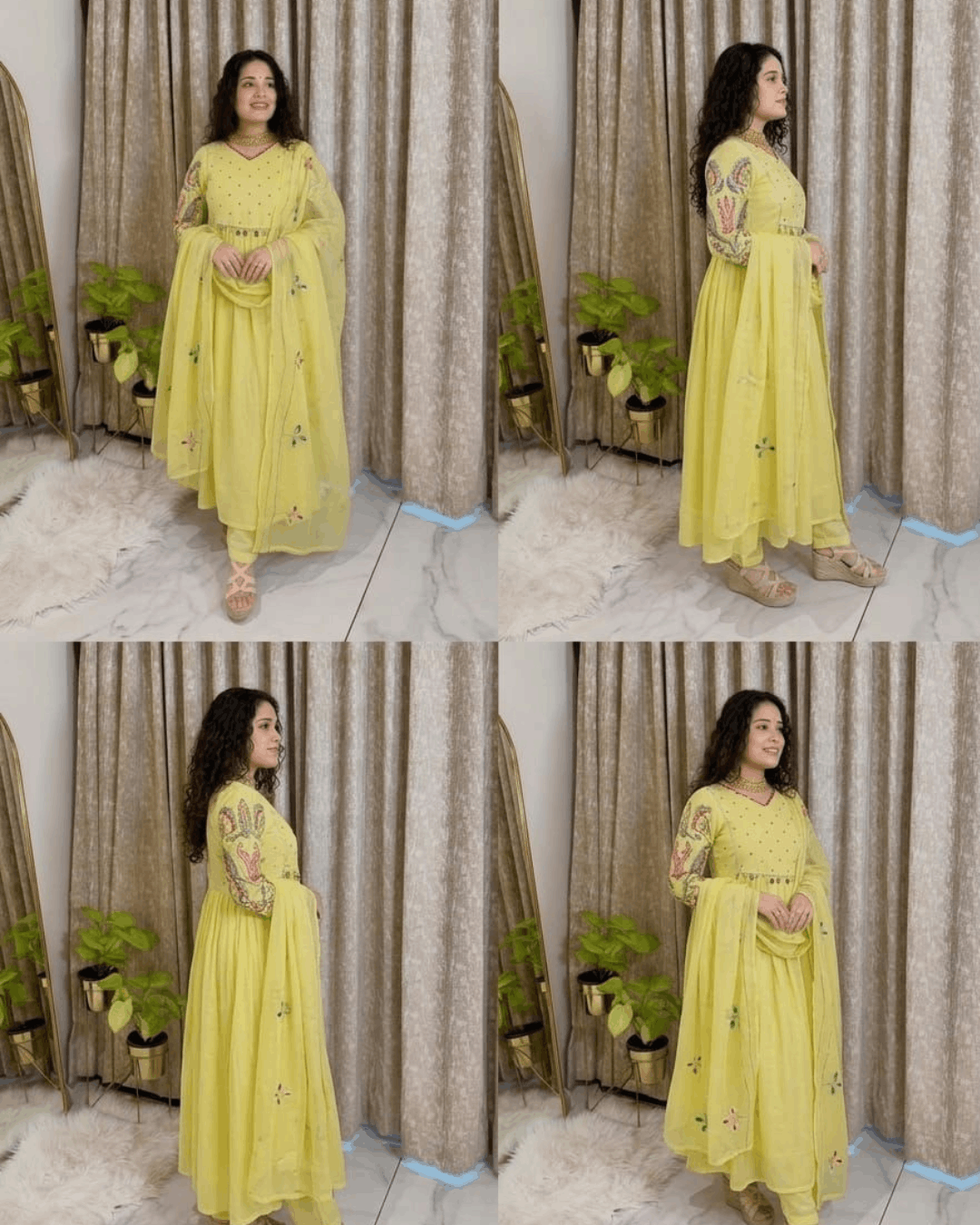 Lemon Yellow Embroidered Cotton Anarkali Suit Set