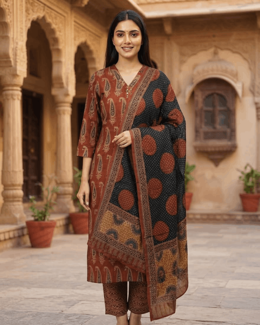 Maroon Block Print Cotton Handwork Suit Set