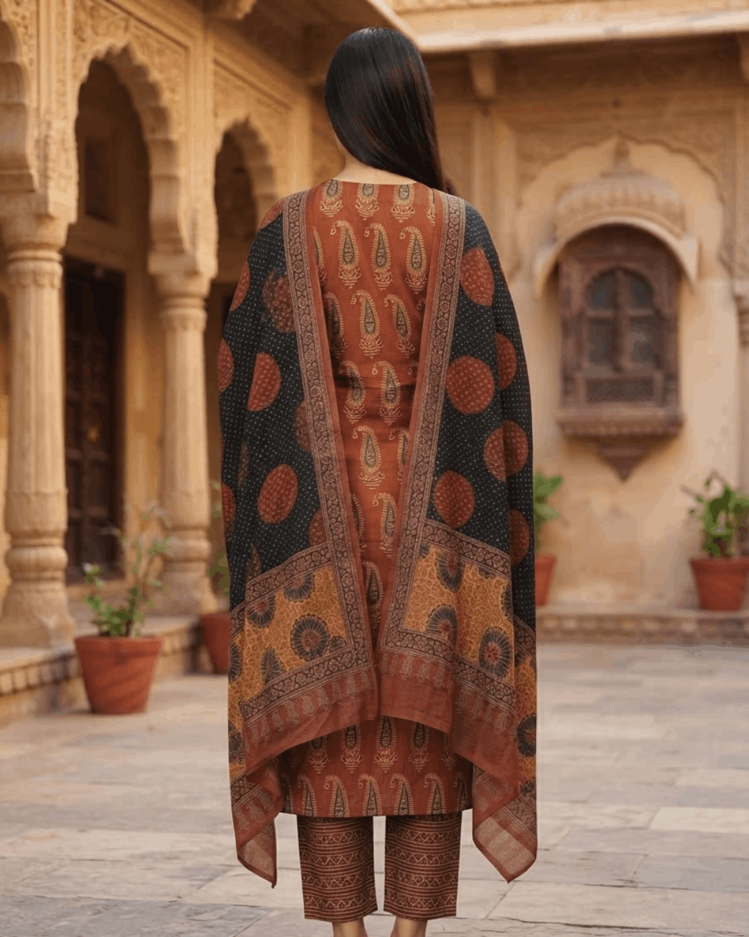 Maroon Block Print Cotton Handwork Suit Set