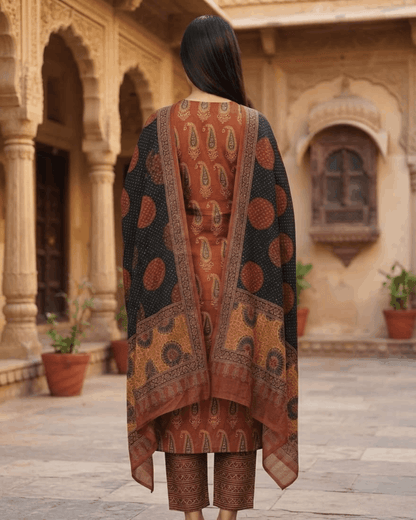 Maroon Block Print Cotton Handwork Suit Set