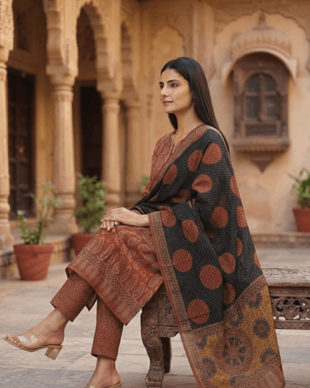 Maroon Block Print Cotton Handwork Suit Set