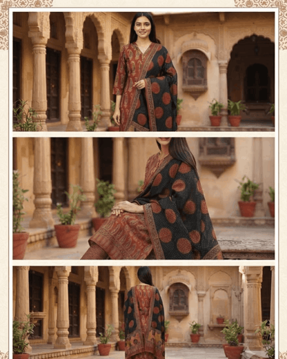 Maroon Block Print Cotton Handwork Suit Set