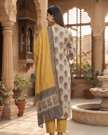 Mustard Butta Handwork Cotton Suit Set