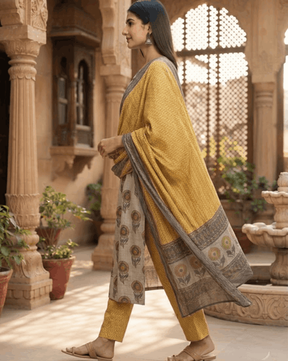 Mustard Butta Handwork Cotton Suit Set