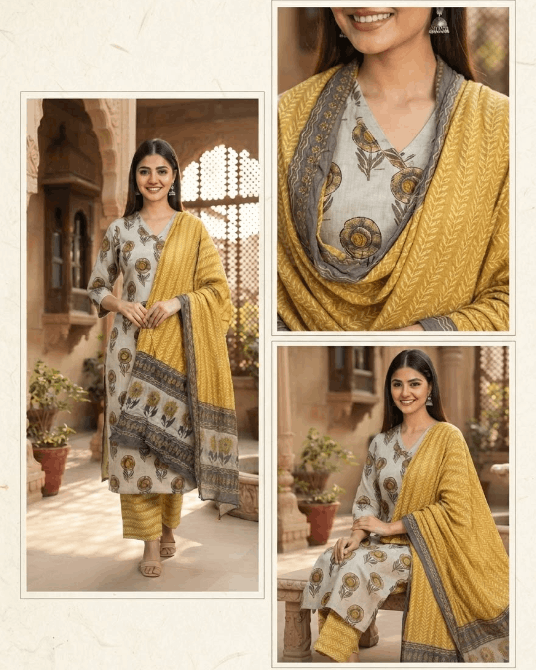 Mustard Butta Handwork Cotton Suit Set