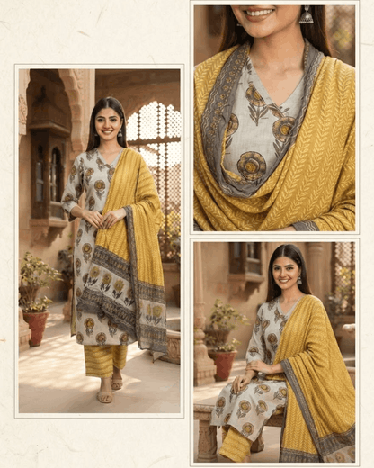 Mustard Butta Handwork Cotton Suit Set