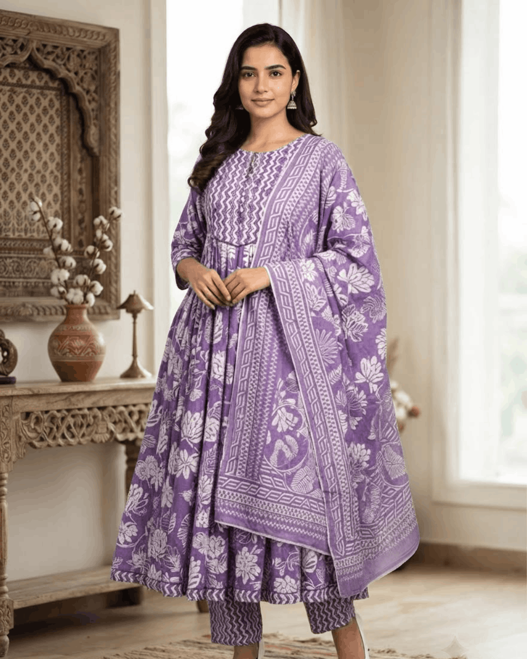 Purple Floral YOG Handwork Cotton Anarkali Suit Set