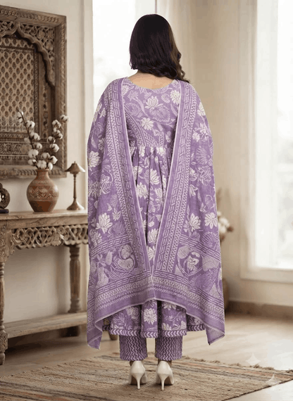 Purple Floral YOG Handwork Cotton Anarkali Suit Set