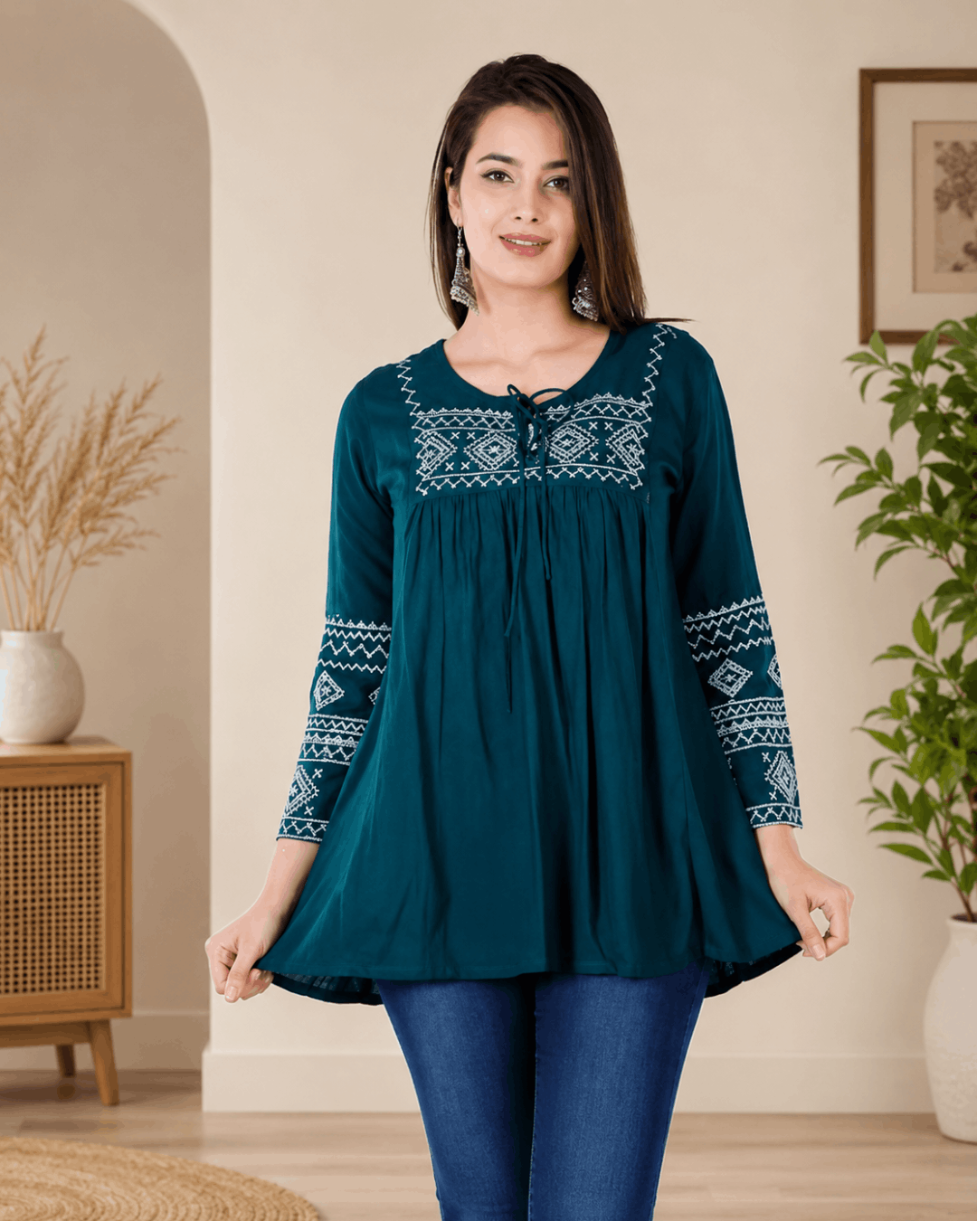 Rama Embroidered Rayon Kurti Top