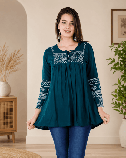 Rama Embroidered Rayon Kurti Top