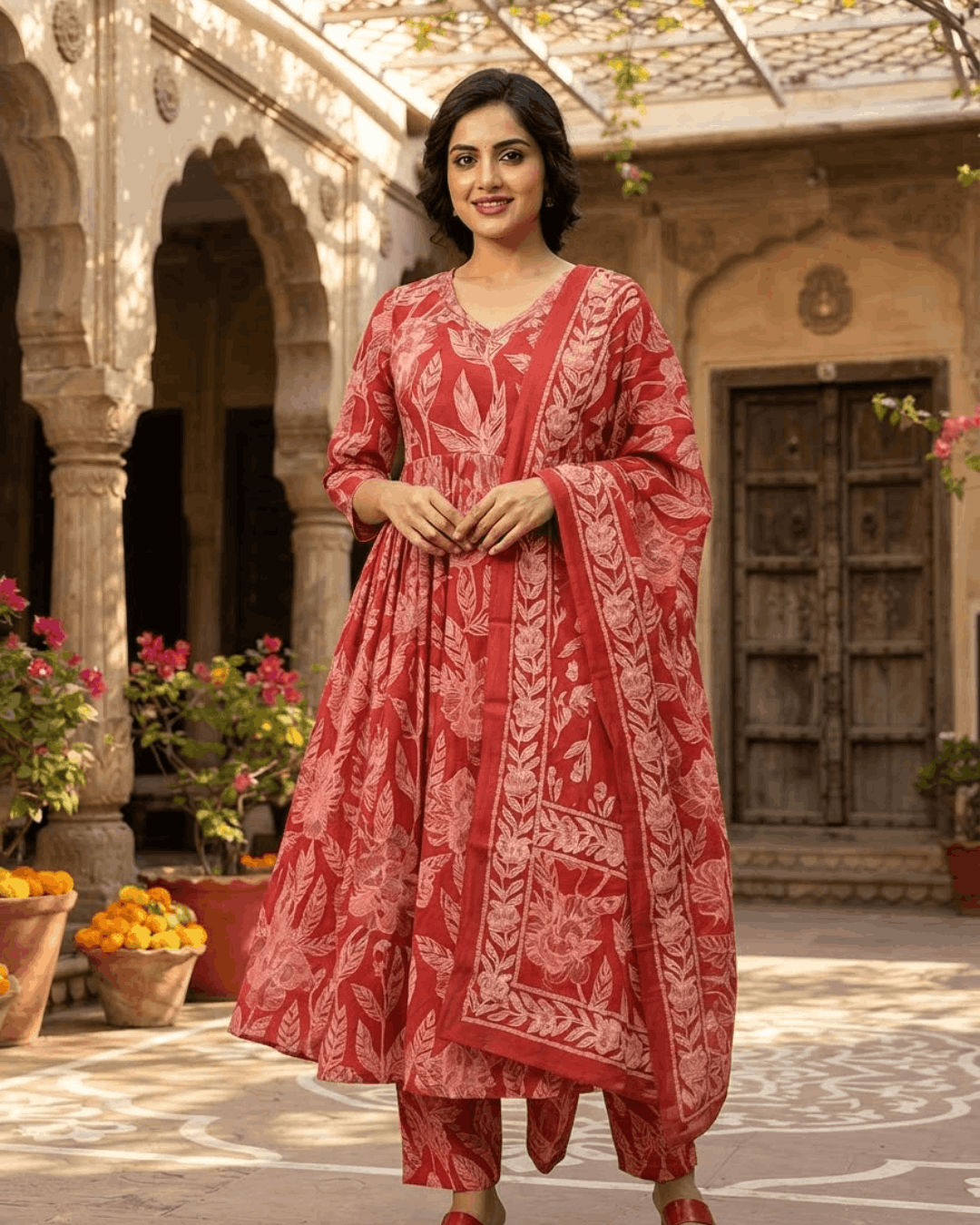Red Anarkali Handwork Cotton Suit Set