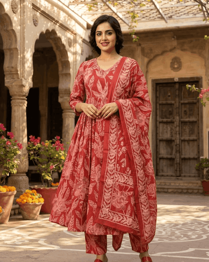 Red Anarkali Handwork Cotton Suit Set