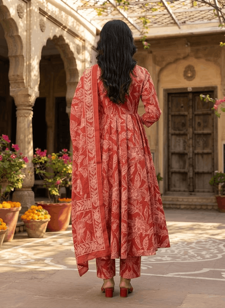 Red Anarkali Handwork Cotton Suit Set