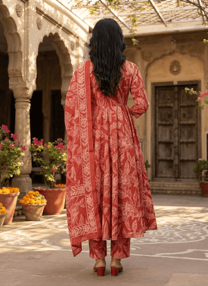 Red Anarkali Handwork Cotton Suit Set