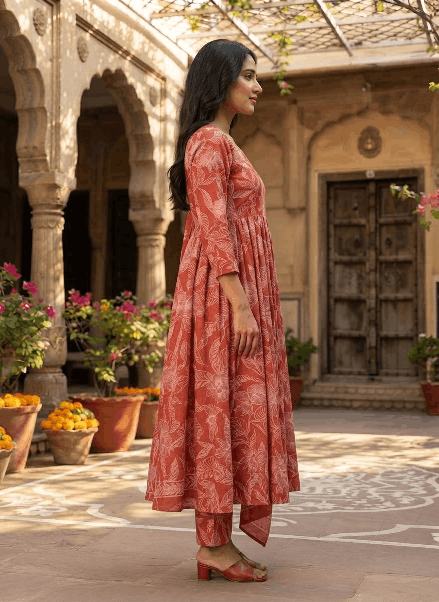Red Anarkali Handwork Cotton Suit Set