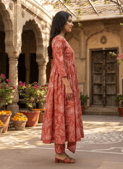 Red Anarkali Handwork Cotton Suit Set