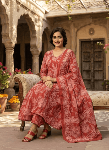 Red Anarkali Handwork Cotton Suit Set
