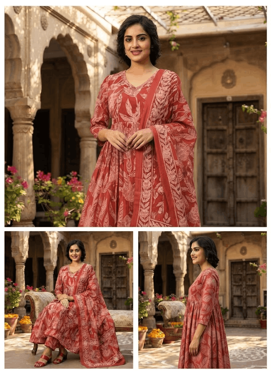Red Anarkali Handwork Cotton Suit Set