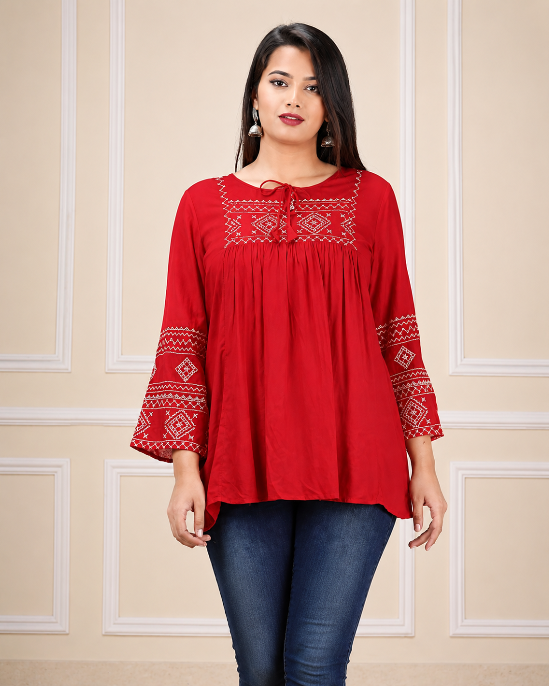 Red Embroidered Rayon Kurti Top Classic and Chic Look