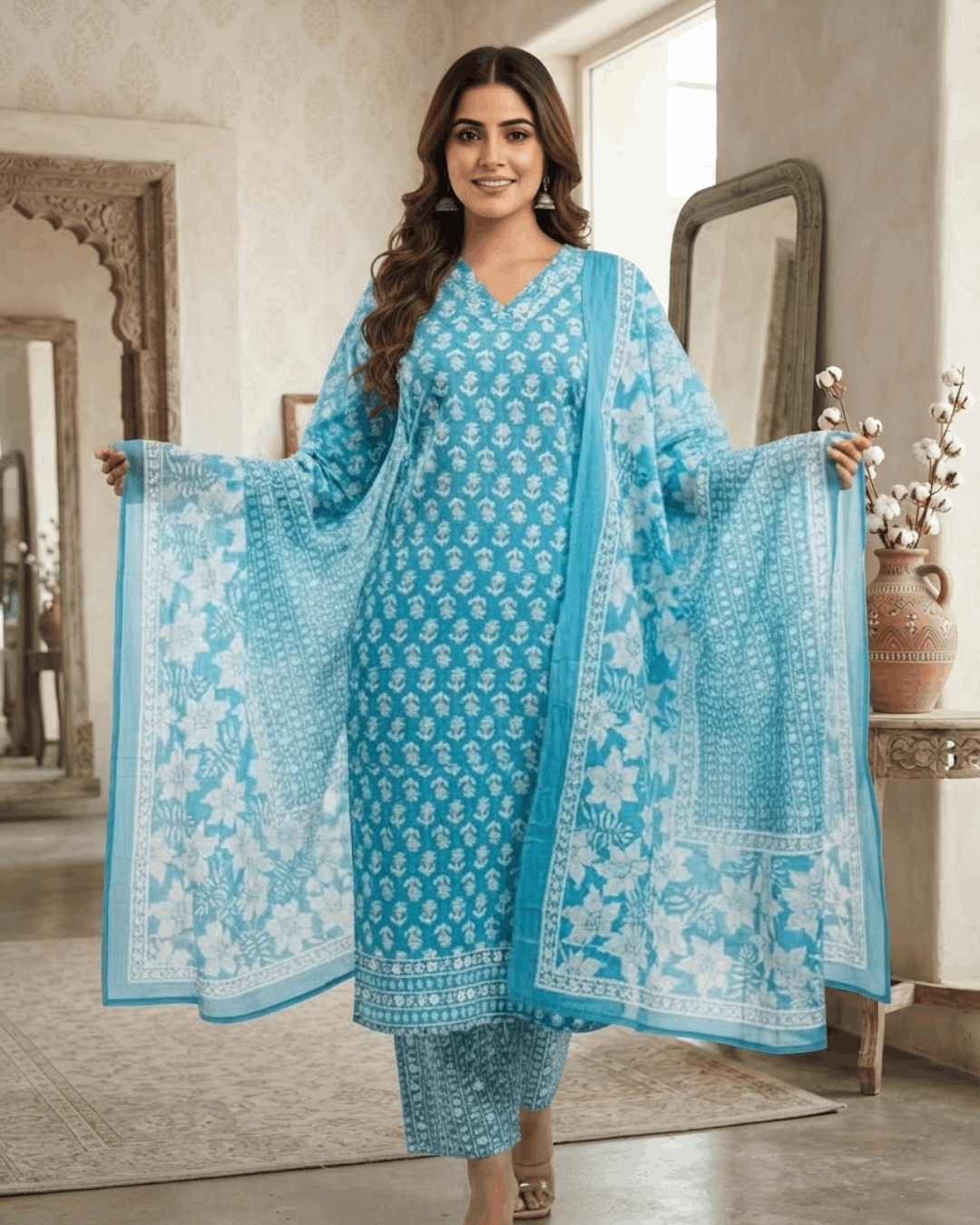 Sky Blue Butta YOG Handwork Cotton Suit Set