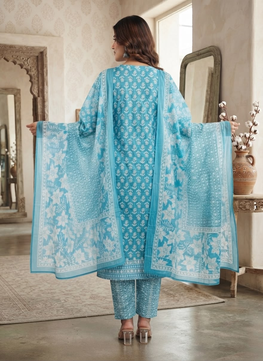 Sky Blue Butta YOG Handwork Cotton Suit Set
